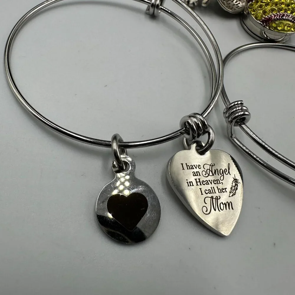 Expandable Wire Charm Bangle Bracelet Lot Silver Tone Inspirational Set of 8